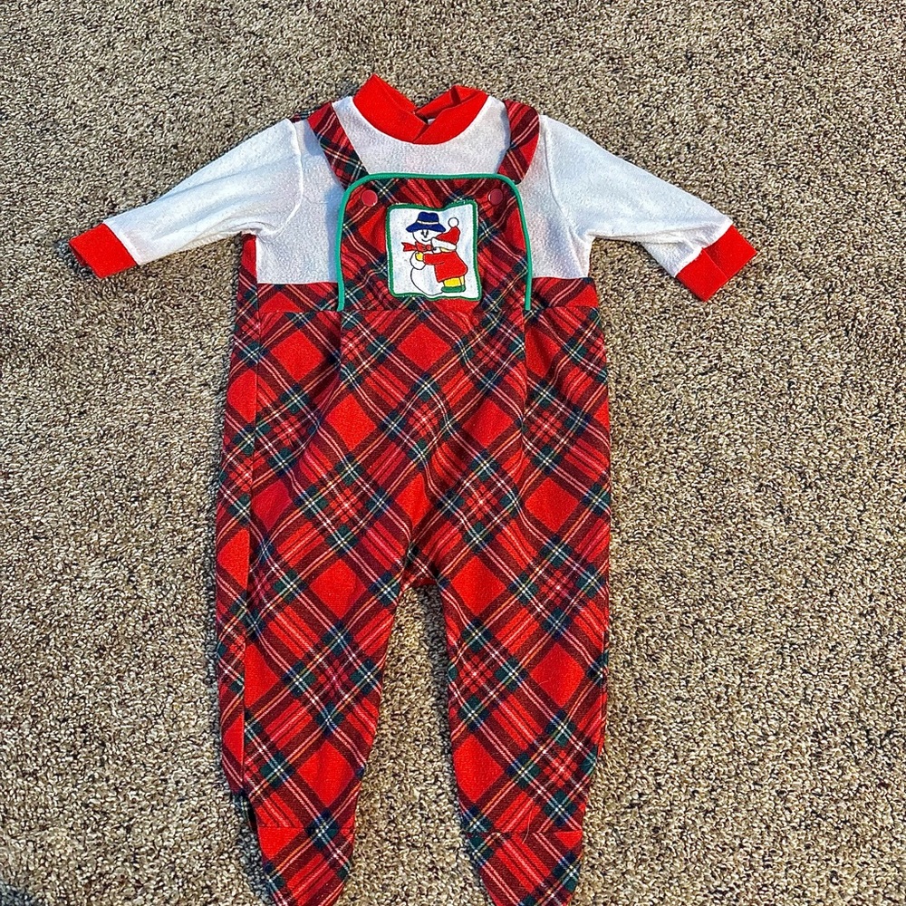 Vintage 80’s Plaid Baby Overalls with Snowman Patch